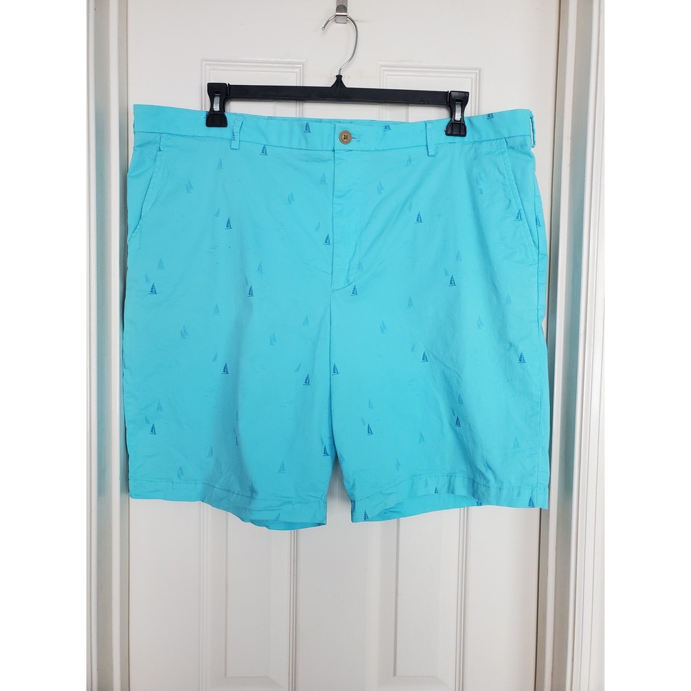 Izod Saltwater Stretch Shorts Turquoise Sailboat Print Flat Front Mens 42 x 9.5